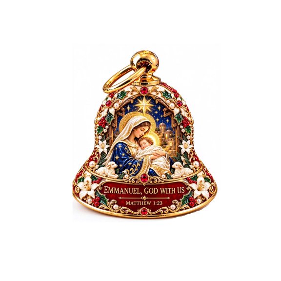 Bell Shaped Nativity Christmas Tree Ornament, Mary Holding Baby Jesus, Nativity Artwork on Flat Acrylic Bell with Ornate Border, for Religious Christmas Tree Hanging