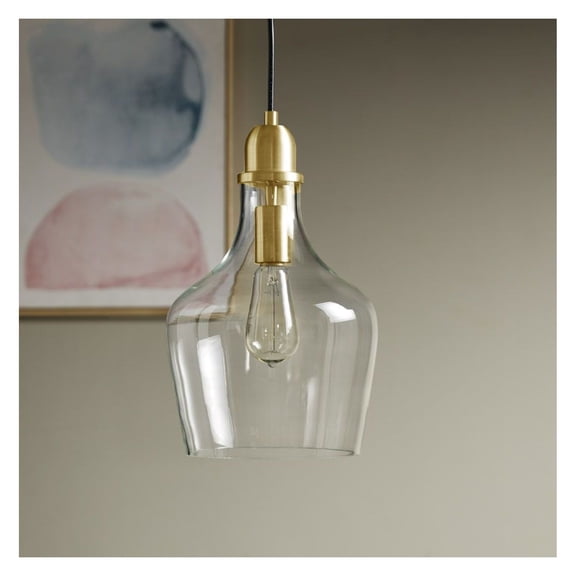 Bell Shaped Pendant Light, Clear Glass Hanging Lamp with Adjustable Cord, Sloped Ceiling Compatible, 9 Inch Diameter, Gold Finish