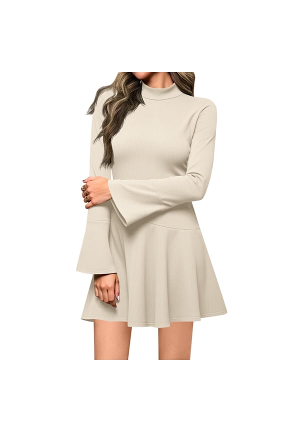 Bell Sleeve Knit Dress, High Neck Fitted Dress with Ruffle Hem, Feminine and Romantic Dress for Dates, Brunches, and Special Occasions Beige XL