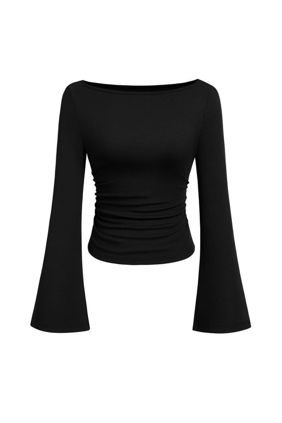 Bell Sleeve Shirts Womens Long Sleeve 2026 Spring Boat Neck Crop Going Out Trendy Tops Ribbed Ruched Y2K Clothes Black L