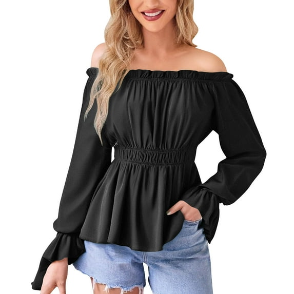 Bell Sleeve Tops for Women Renaissance Shirt Off Shoulder Solid Color Long Sleeve Waisted Smocked Blouse Costume Tops Casual Travel Clothes Fall Fashion Soft Going Out Tops for Women