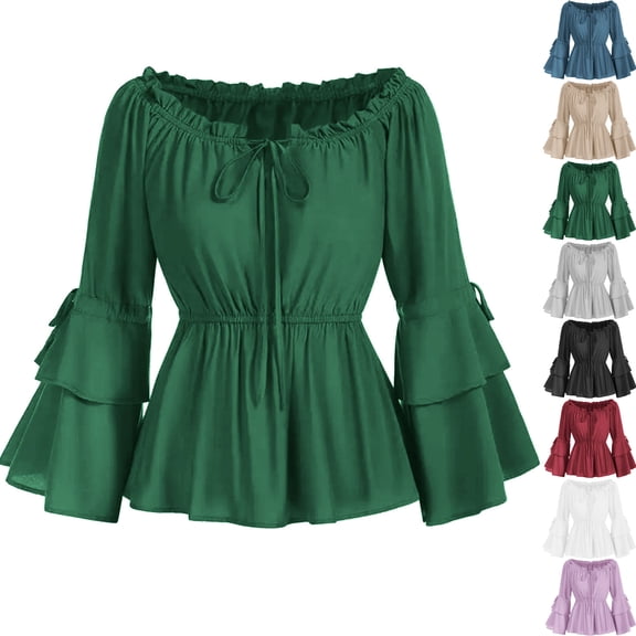 Bell Sleeve Tops for Women Renaissance Shirt Off Shoulder Solid Color Long Sleeve Waisted Smocked Blouse Costume Tops Fashion Casual Travel Clothes Oversize Waist-Cinching Fall Tops for Women