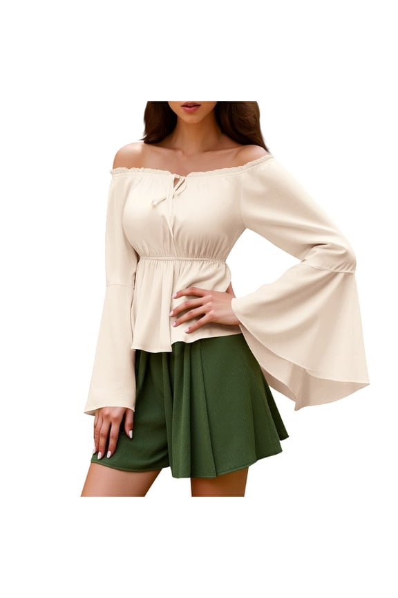 Bell Sleeve Tops for Women Renaissance Shirt Off Shoulder Solid Color Long Sleeve Waisted Smocked Blouse Costume Tops Fashion Casual Travel Clothes Oversize Waist-Cinching Fall Tops for Women