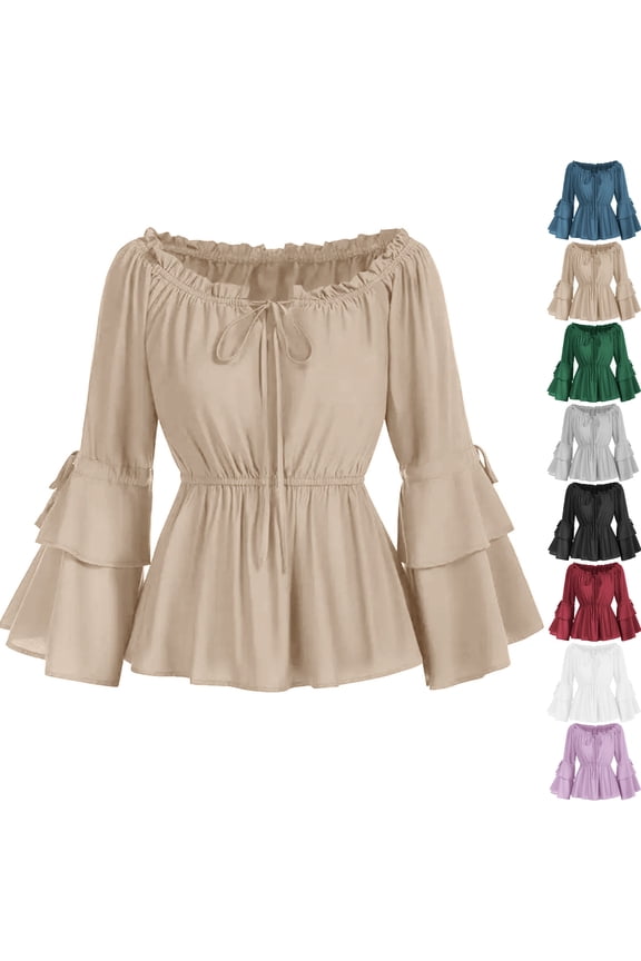 Bell Sleeve Tops for Women Renaissance Shirt Off Shoulder Solid Color Long Sleeve Waisted Smocked Blouse Costume Tops Fashion Casual Travel Clothes Oversize Waist-Cinching Fall Tops for Women