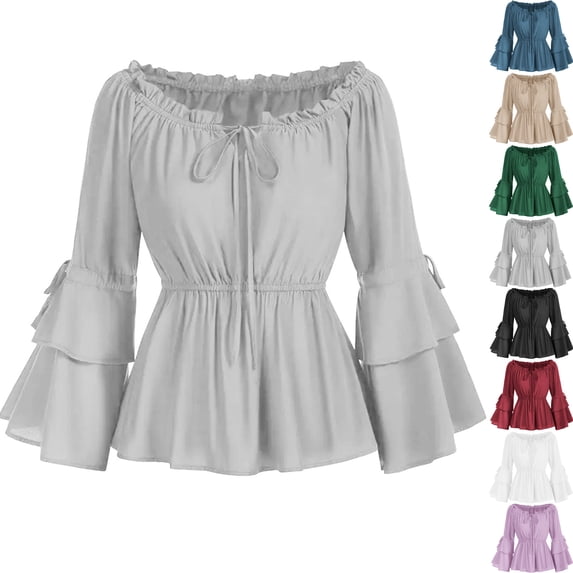 Bell Sleeve Tops for Women Renaissance Shirt Off Shoulder Solid Color Long Sleeve Waisted Smocked Blouse Costume Tops Fashion Casual Travel Clothes Oversize Waist-Cinching Fall Tops for Women