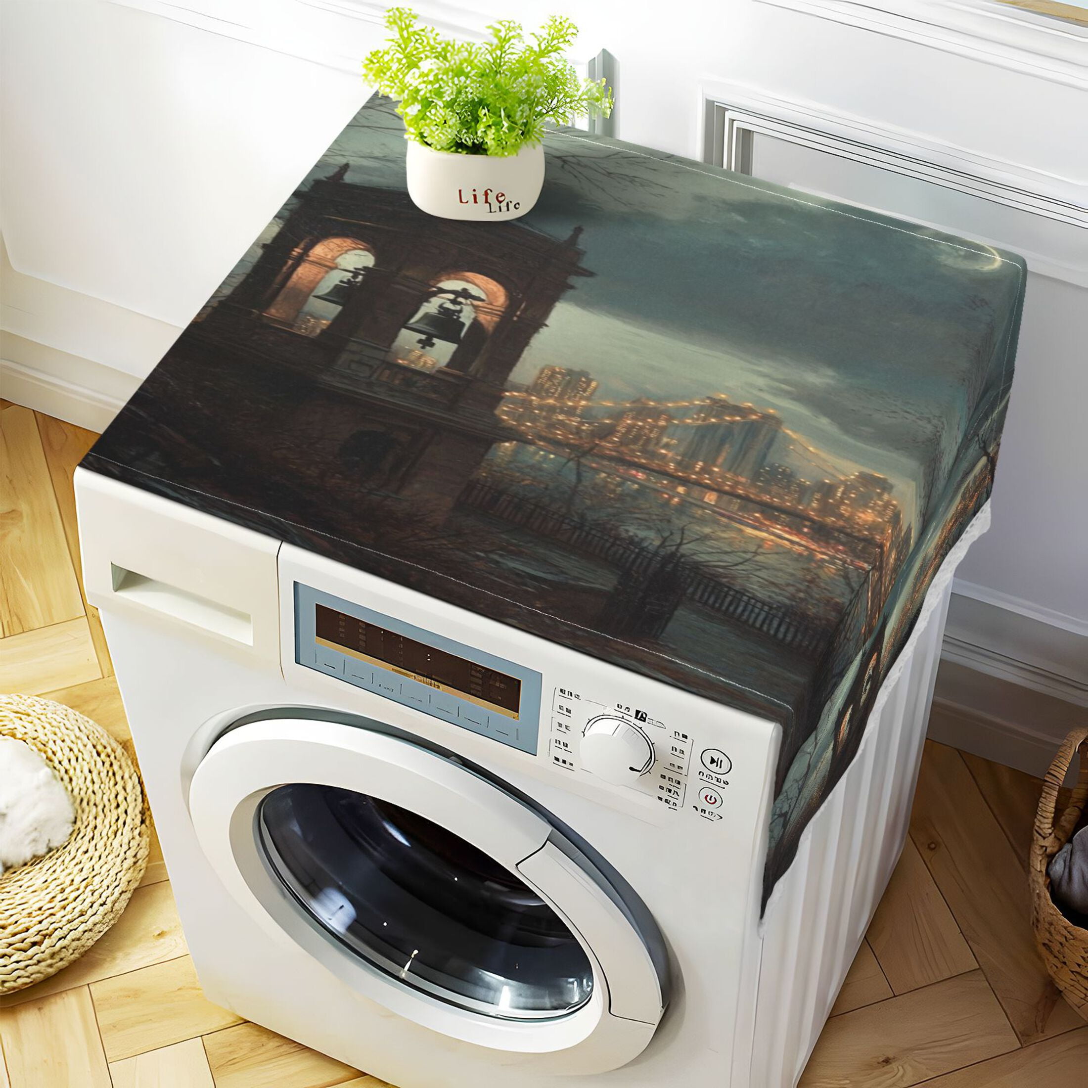 Bell TowerWasher and Dryer Covers Dust-Proof and Oil Resistant Fridge Cover with 4 Storage Pockets Washing Machine Top Cover for Laundry Kitchen Home 51.2 x 22 In