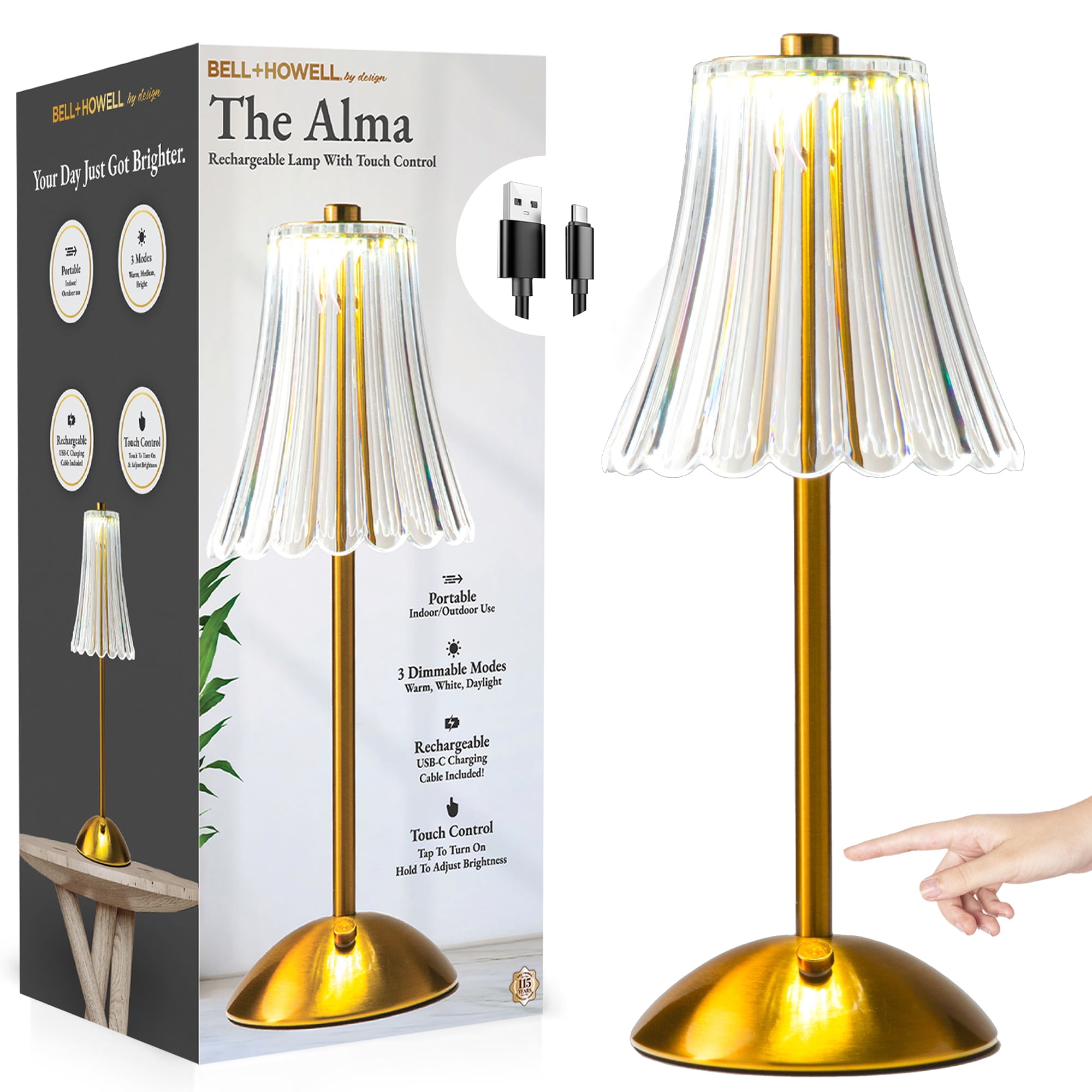 Bell and Howell Table Lamp LED Wireless Lamp Rechargeable Lamp for Desk Kitchen Bedroom and More with 3 Light Colors