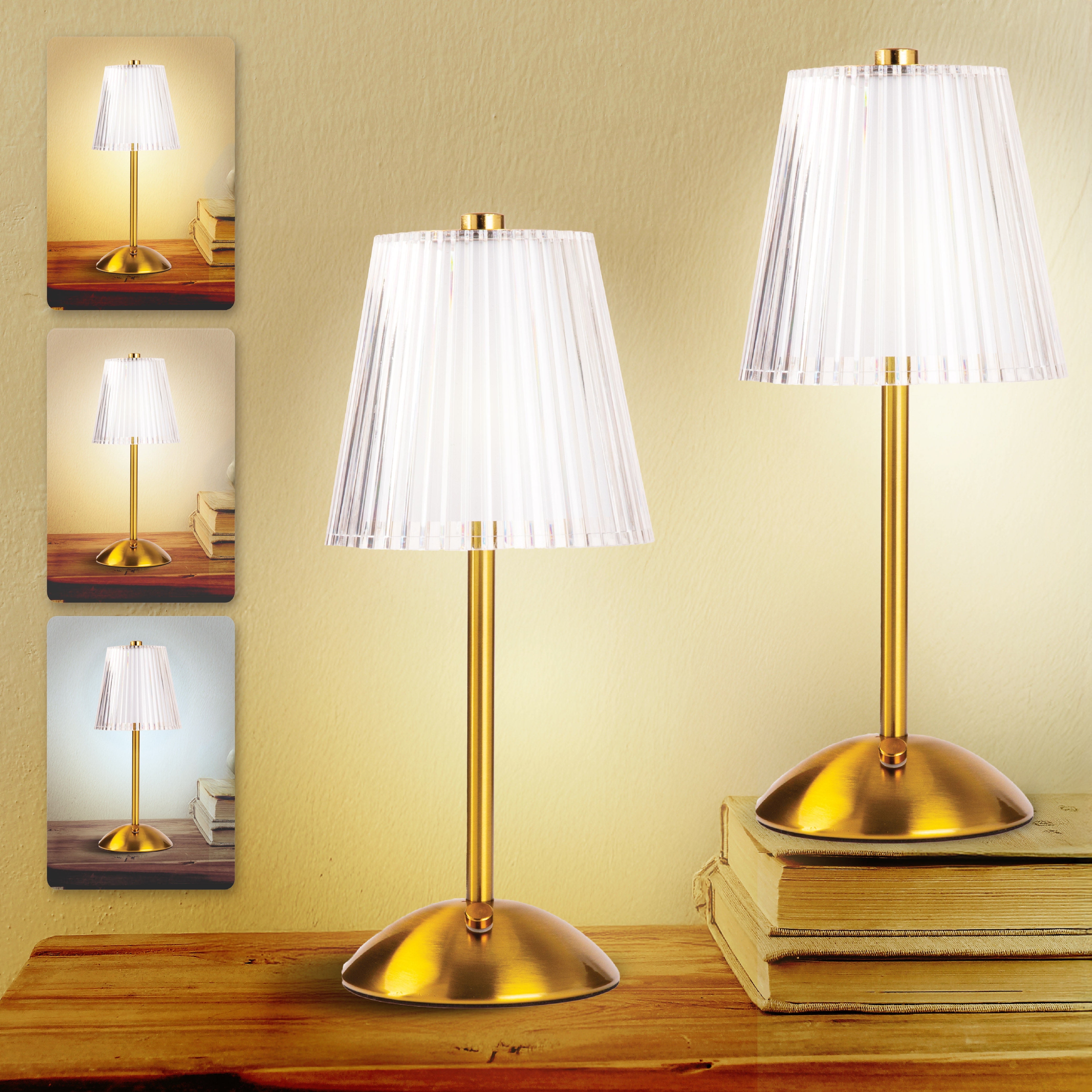 Bell and Howell Aurora Table Lamp 2 Pack Small Cordless Touch LED Rechargeable Lamp Bedside Desk Nightstand Gold Base
