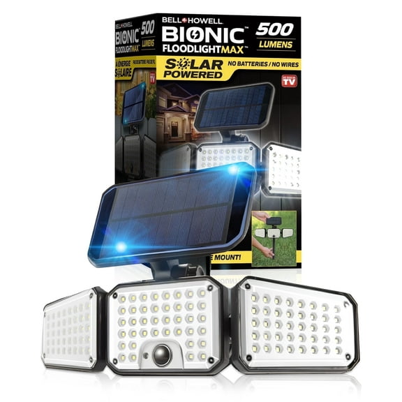 Bell+Howell Bionic Flood Light AS SEEN ON TV, 500 Lumen Deluxe Version Bionic Floodlight, LED Solar Flood Lights Outdoor Motion Sensor Waterproof Solar Security Lights with 360° 3 Panel Design