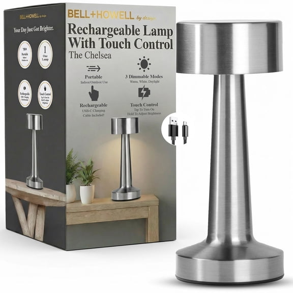 Bell + Howell Chelsea Small Table Lamp, Touch Lamps for Bedroom, LED Rechargeable Lamp, Cordless Lamp Great for Gifting, Small Lamps for Bedroom, Lamps for Living Room, Home Décor, Silver