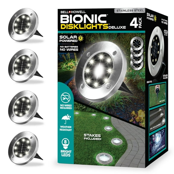 Bell and Howell Disk Light Solar Outdoor Lights with Stakes 4 Pcs