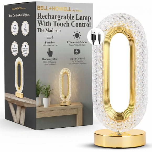 Bell + Howell Madison Small Table Lamp, Touch Lamps for Bedroom, LED Rechargeable Lamp, Cordless Lamp Great for Gifting, Small Lamps for Bedroom, Lamps for Living Room, Home Décor, Gold