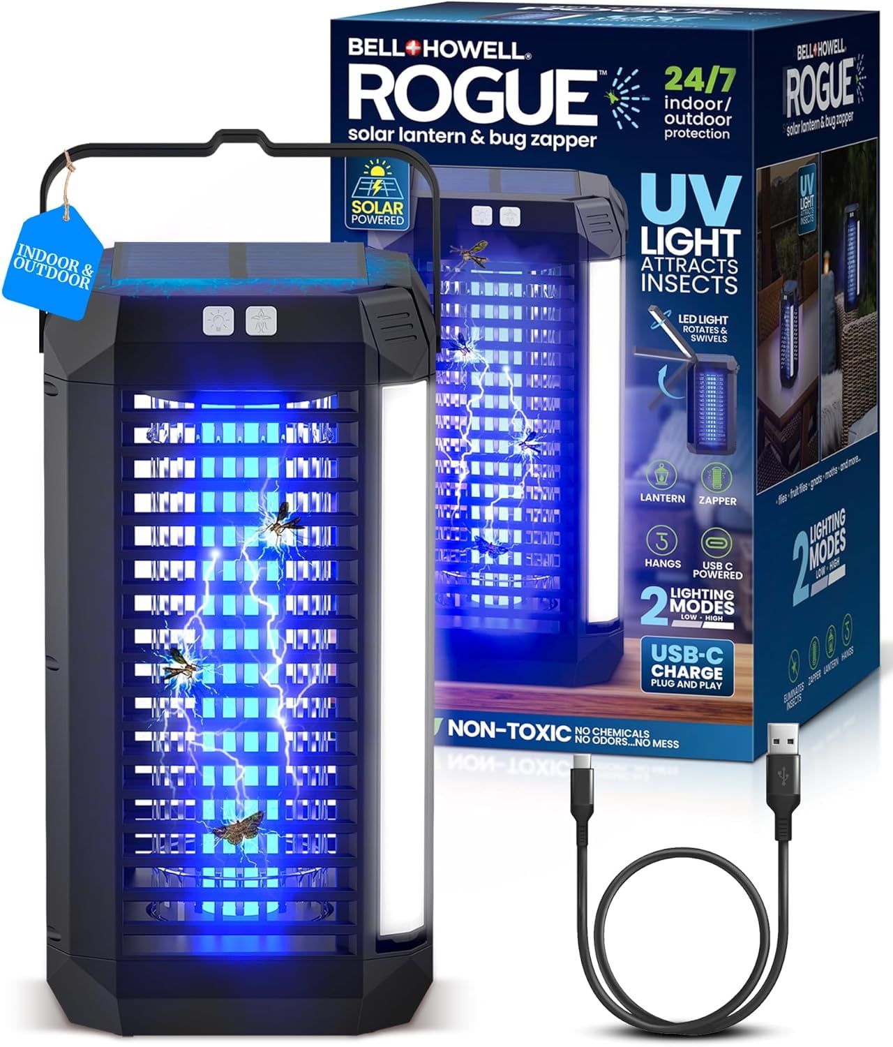 Bell and Howell Rogue Solar Power Lantern Bug Zapper LED UV Electric Fly Trap Mosquito Killer Indoor Outdoor