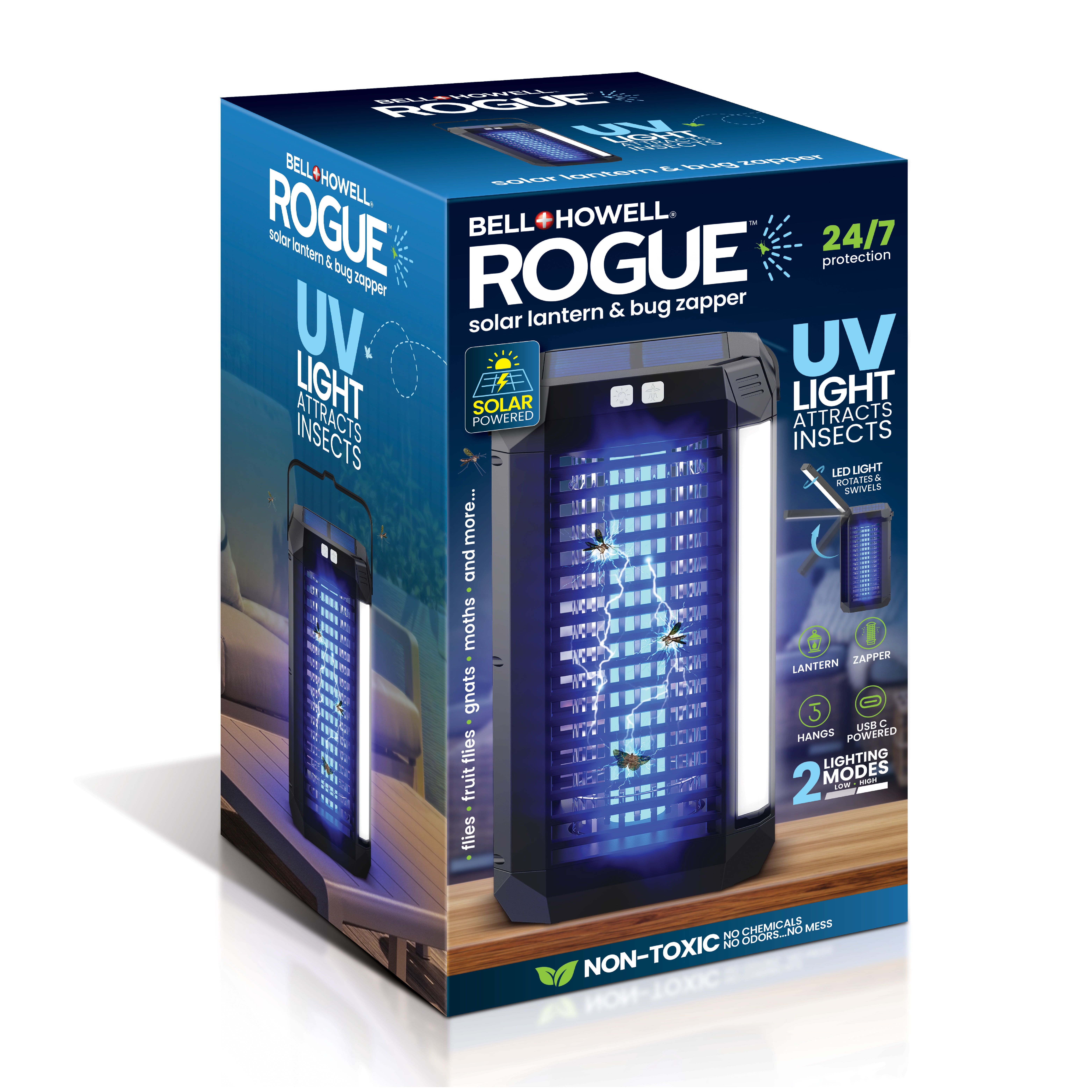 Bell and Howell Rogue 2 in 1 Solar Bug Zapper Outdoor and Bug Zapper Indoor Plug in for Mosquito, Fly, Solar Powered & USB-C Rechargeable Camping Lantern, LED Flash Light, Safe for Kids