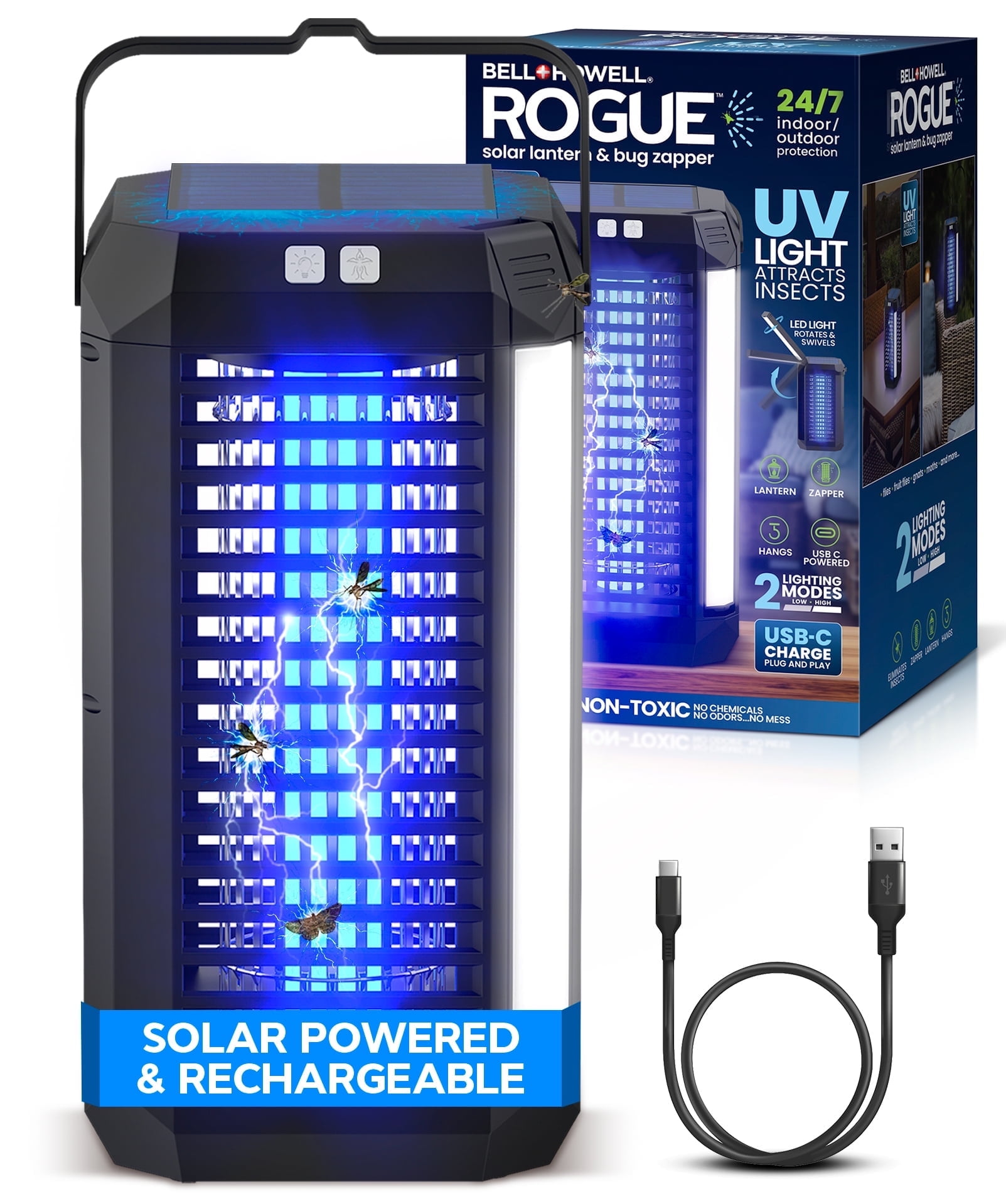 Bell and Howell Rogue 2 in 1 Solar Bug Zapper Outdoor and Bug Zapper Indoor Plug in for Mosquito, Fly, Solar Powered & USB-C Rechargeable Camping Lantern, LED Flash Light, Safe for Kids