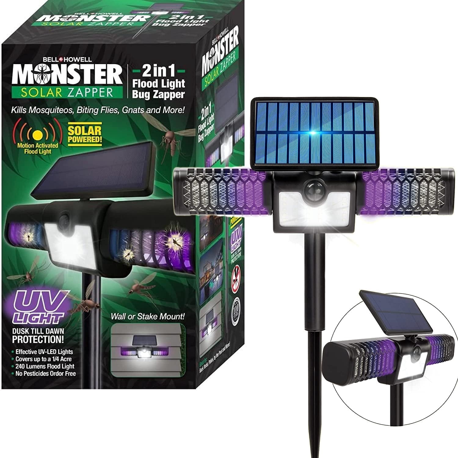 Bell + Howell Solar Bug Zapper Kit, Indoor & Outdoor, 150 Sq Ft, Hanging, Solar Charge, Mosquitoes Zapper, Black, 1 Count