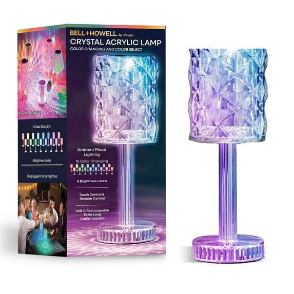 Bell and Howell Table Lamp Small Cordless Touch LED Rechargeable Acrylic Crystal Lamp Bedside Multi-Color Mood Lighting