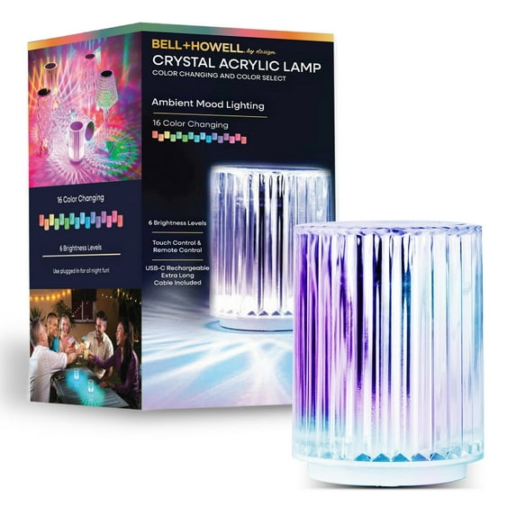 Bell and Howell Table Lamp Small Cordless Touch LED Rechargeable Acrylic Crystal Lamp Multi-Color Mood Lighting