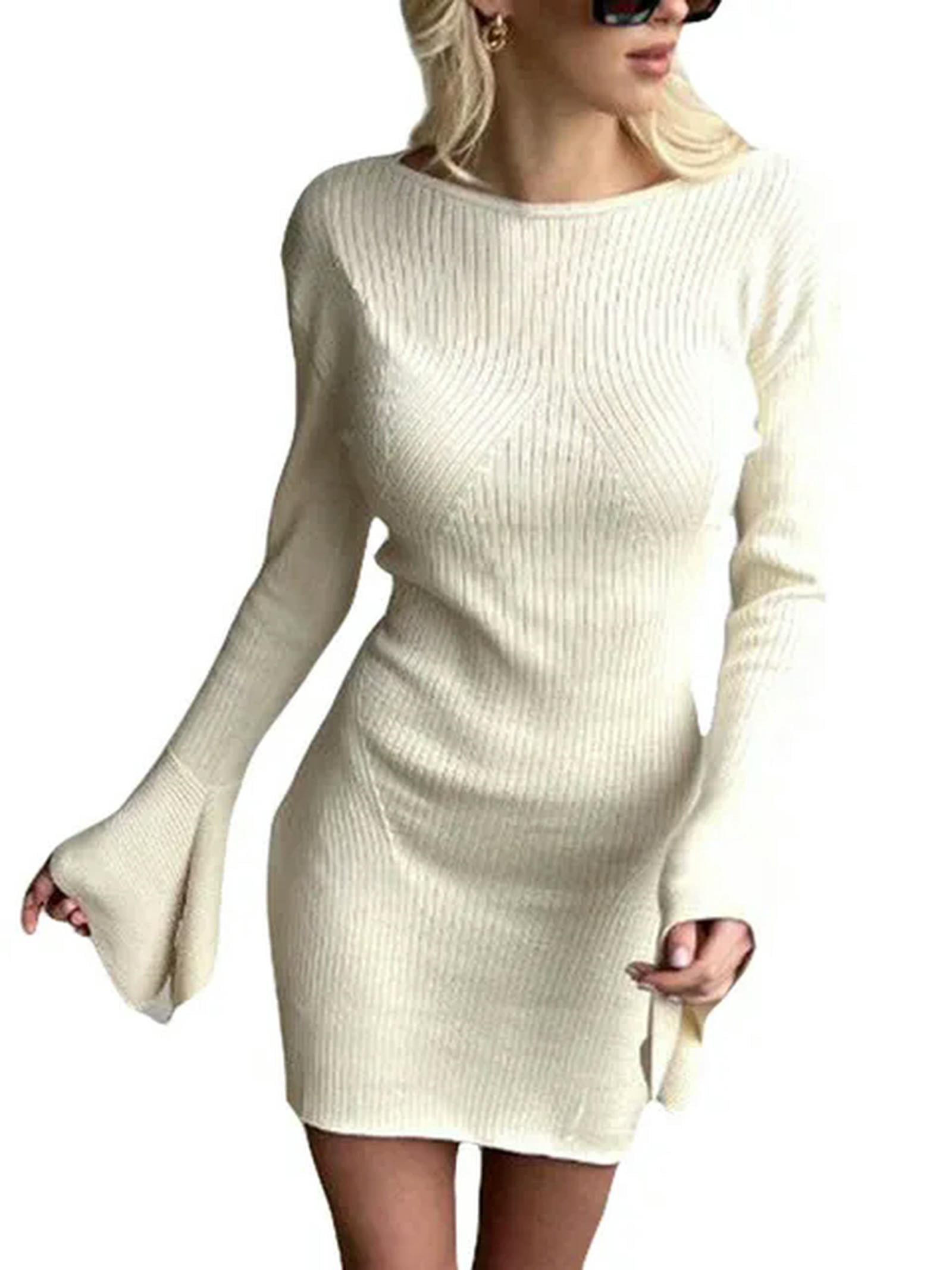 Bell sleeve tight hip-hugging sweater dress autumn and winter new round  neck knitted mini dress-Beige-S - Walmart.com