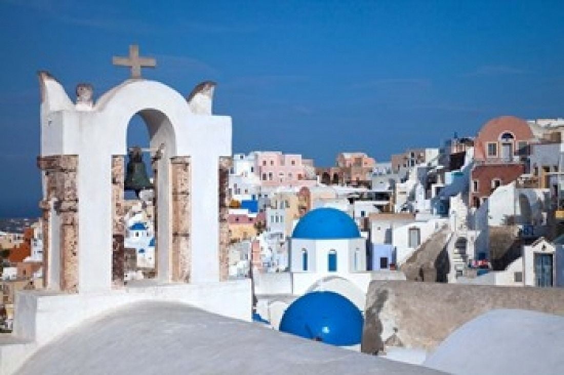 Bell tower and blue domes of church in village of Oia Santorini Greece Canvas Art - Darrell Gulin DanitaDelimont (17 x 11)