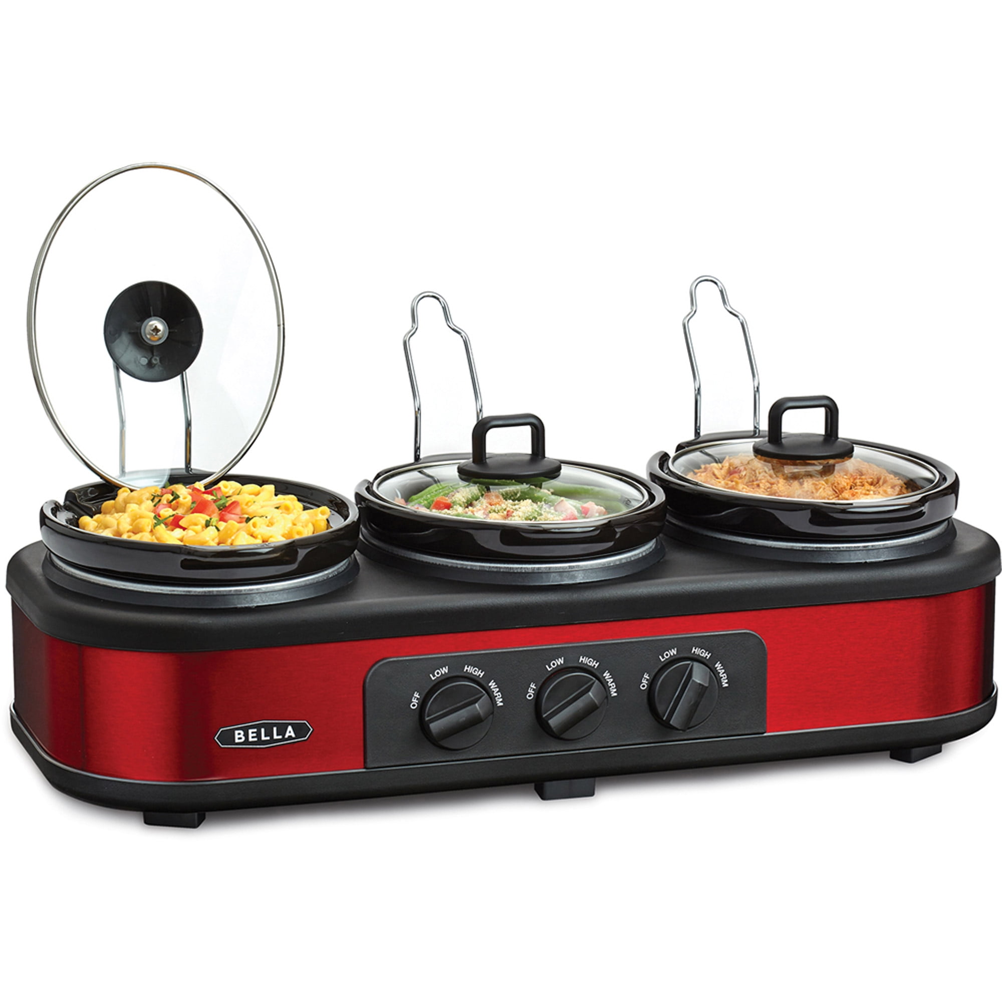 BELLA Triple Slow Cooker and Buffet Server, 3 x 1.5 QT Manual Red