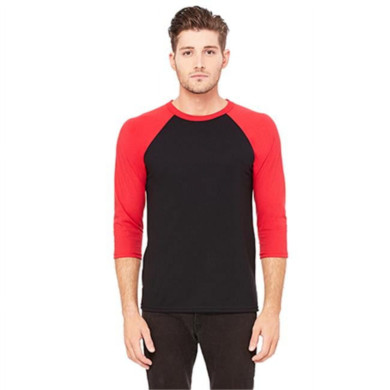 Bella 3200 Unisex 3 By 4 Sleeve Baseball Tee - Black & Red, Extra Small ...