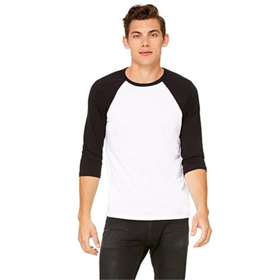 Bella 3200 Unisex 3 By 4 Sleeve Baseball Tee - White & Black, Extra Large