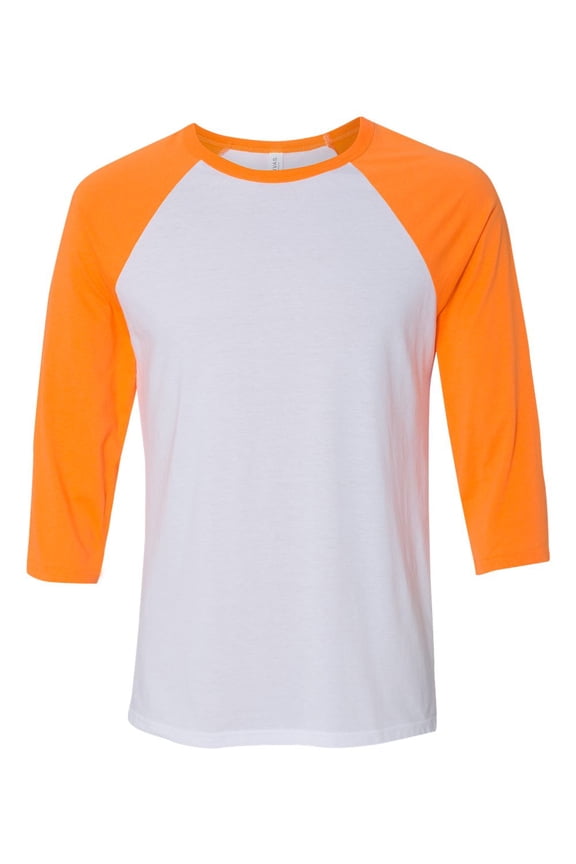 Bella 3200 Unisex 3 By 4 Sleeve Baseball Tee - White & Neon Orange, Small