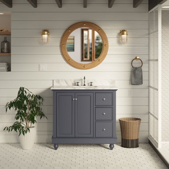 Bella 36" Bathroom Vanity with Marine Gray Cabinet and Carrara Marble Top