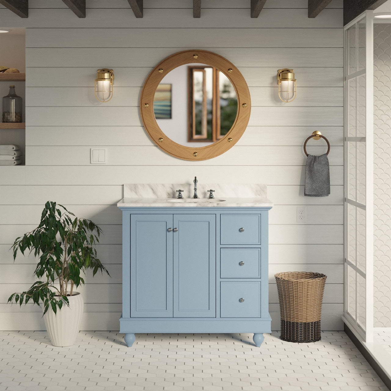 Bella 36" Bathroom Vanity with Powder Blue Cabinet and Carrara Marble ...