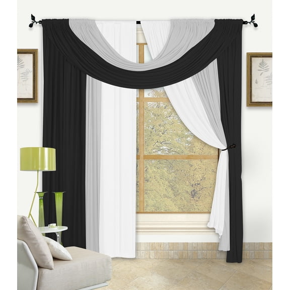 Bella 4 Piece Window in A Bag Set 2 Panels, Small Scarf, Large Scarf, Window Treatment Decor (Black/White)