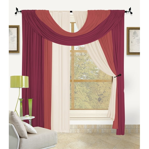 Bella 4 Piece Window in A Bag Set 2 Panels, Small Scarf, Large Scarf, Window Treatment Decor (Burgundy)
