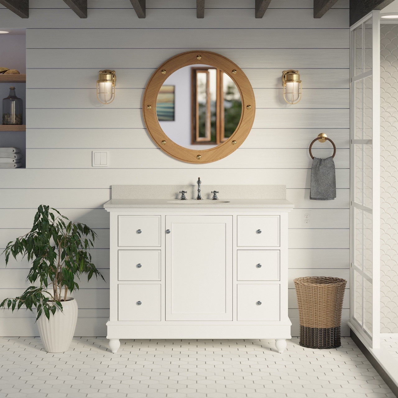 Bella 42" White Solid Wood Bathroom Vanity with Quartz Top