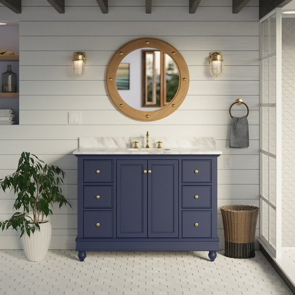 Bella 48" Bathroom Vanity with Royal Blue Cabinet and Carrara Marble Top