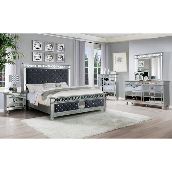 Bella 5 Piece Queen Mirrored Bedroom Set In Grey Velvet