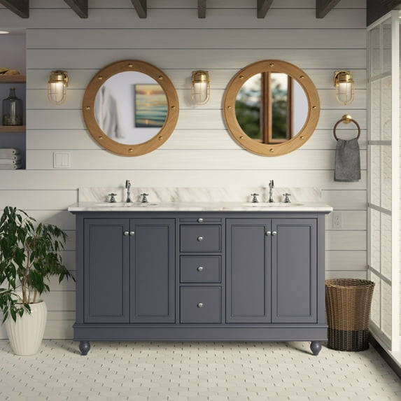 Bella 60" Double Bathroom Vanity with Marine Gray Cabinet and Carrara Marble Top