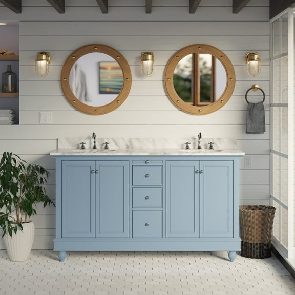 Bella 60" Double Bathroom Vanity with Powder Blue Cabinet and Carrara Marble Top