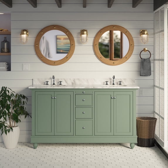 Bella 60" Double Bathroom Vanity with Sage Green Cabinet and Carrara Marble Top