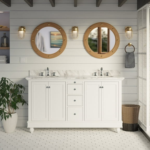 Bella 60" Double Bathroom Vanity with White Cabinet and Carrara Marble Top
