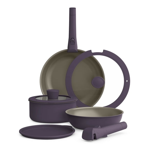 Bella 8 Piece Piece Ceramic Nonstick Cookware Set with Removable Handles, Plum