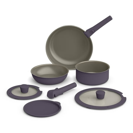 Bella - Fits-anywhere Kitchenware: 8-Piece Ceramic Nonstick Cookware Set with Removable Handles - Plum