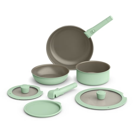 Bella - Fits-anywhere Kitchenware: 8-Piece Ceramic Nonstick Cookware Set with Removable Handles - Seaglass