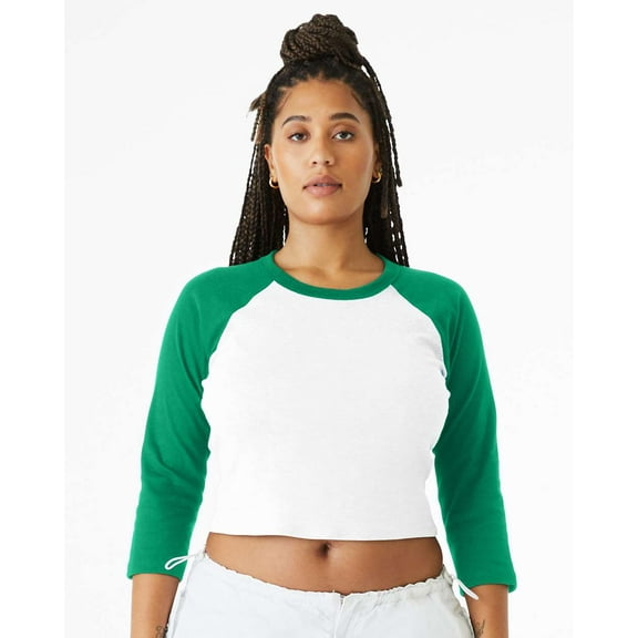 Bella & Canvas B15906013 Women Micro Rib 3 by 4 Raglan Sleeve Baby T-Shirt, White & Kelly - Small