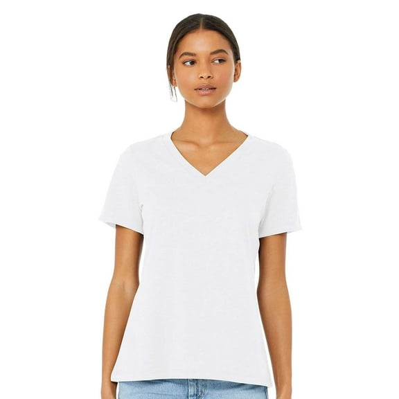 Bella & Canvas B83006015 Women Relaxed Heather CVC V-Neck T-Shirt, Solid White Blend - Large