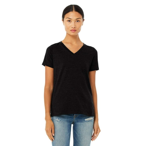 Bella & Canvas B83006514 Women Relaxed Heather CVC V-Neck T-Shirt, Solid Black Blend - Medium