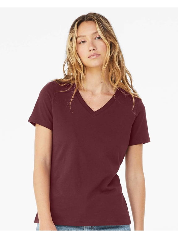 Bella & Canvas B87006533 Women Relaxed Jersey V-Neck T-Shirt, Maroon - Small