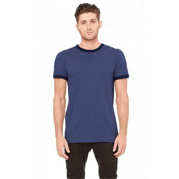 Bella-Canvas C3055 Mens Jersey Short Sleeve Ringer Tee, Heather Navy & Midnight - Small