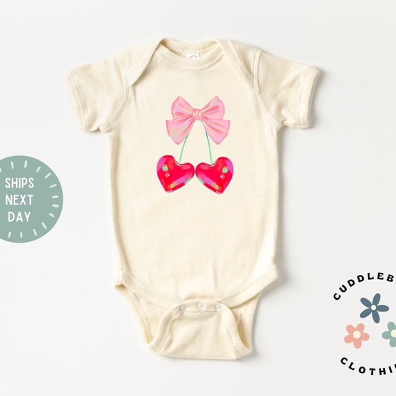 Bella Canvas Cherry Hearts and Bow Valentines Baby Bodysuit, Baby Girl Bodysuit, First Valentines Day, Baby Gift
