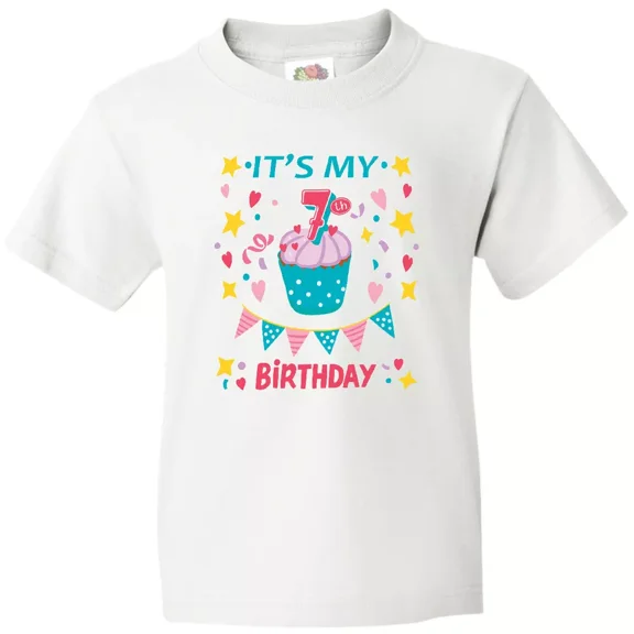 Bella Canvas Colorful Cupcake And Confetti Girls 7th Birthday 7 Cake Toddler Shirt