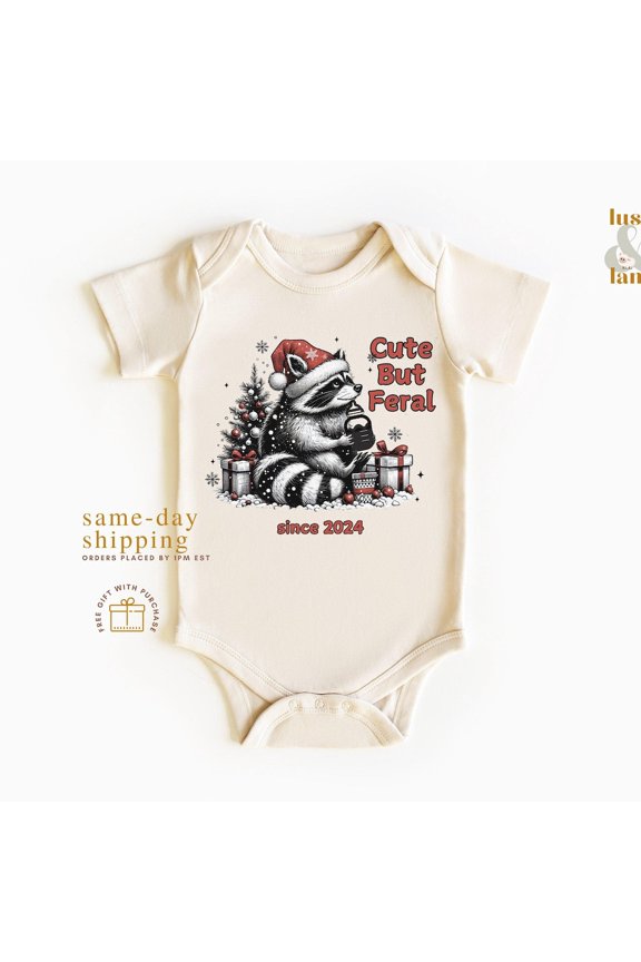 Bella Canvas Cute But Feral Christmas, Funny Holiday Kid Outfit, Neutral Tshirt, Festive Christmas Gift for Toddler, Baby First Christmas